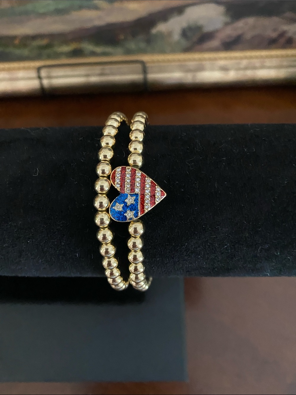 Bauble Bar Gold Beaded Double-Row Bracelet with American Flag Heart Charm